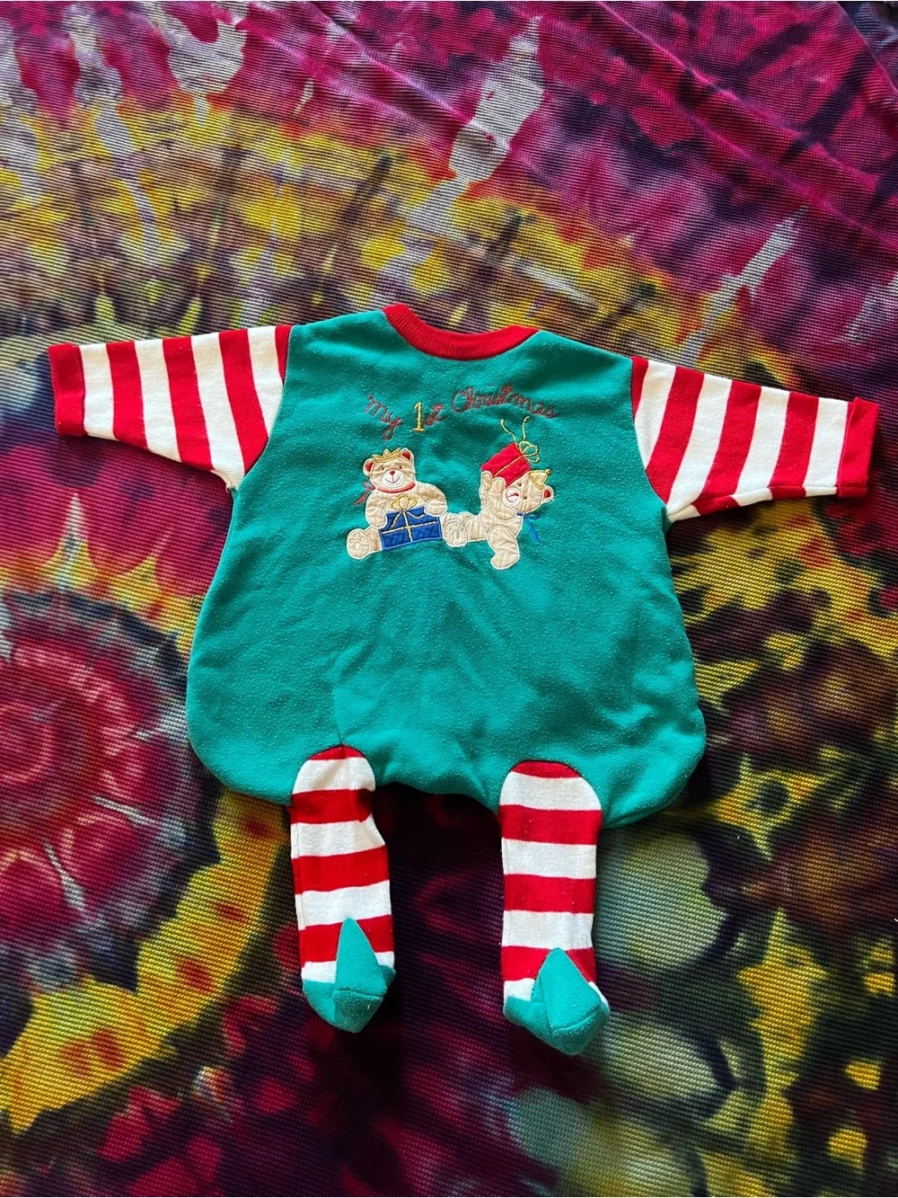 🎁 VTG 90s My 1st Christmas Bear Fleece Footie Sleeper Holiday Baby Bunting
